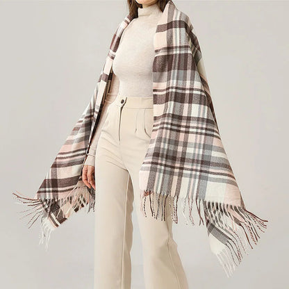 Vintage Plaid Cashmere Knit Tassel Scarf for Women