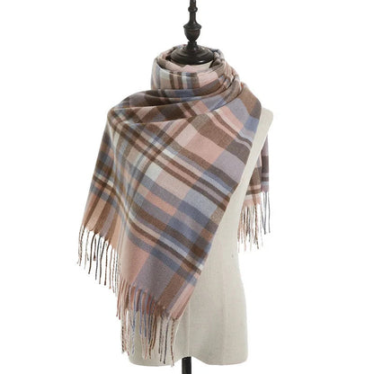 Vintage Plaid Cashmere Knit Tassel Scarf for Women