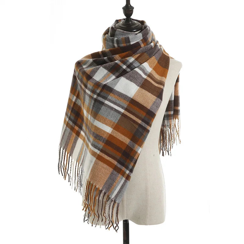 Vintage Plaid Cashmere Knit Tassel Scarf for Women