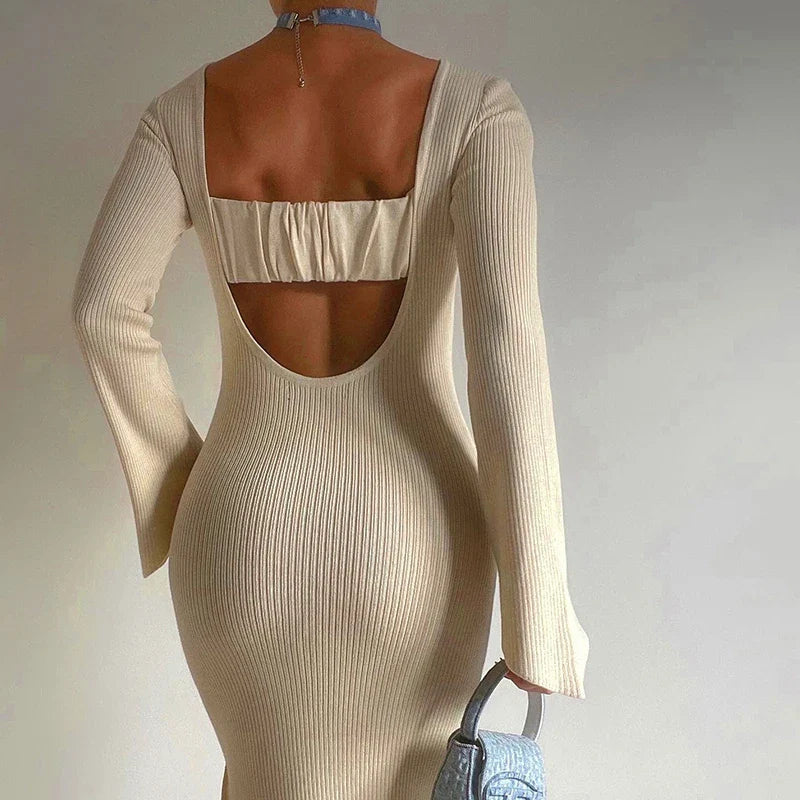 Backless Ribbed Knit Maxi Dress