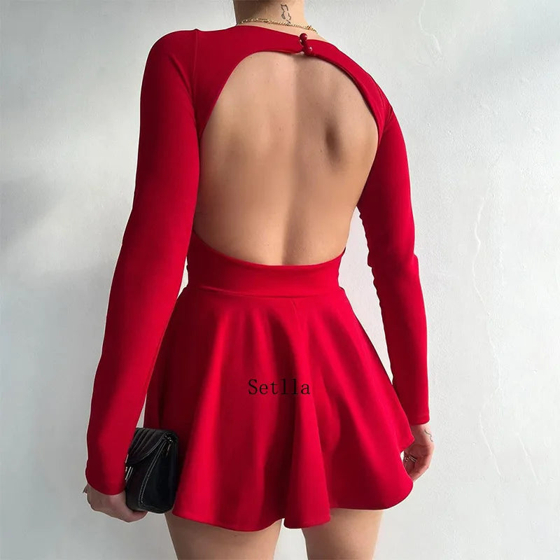 Fashion Backless V Neck A-Line Mini Dress