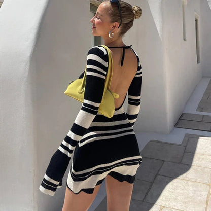 Striped Backless Flare Sleeve Mini Dress