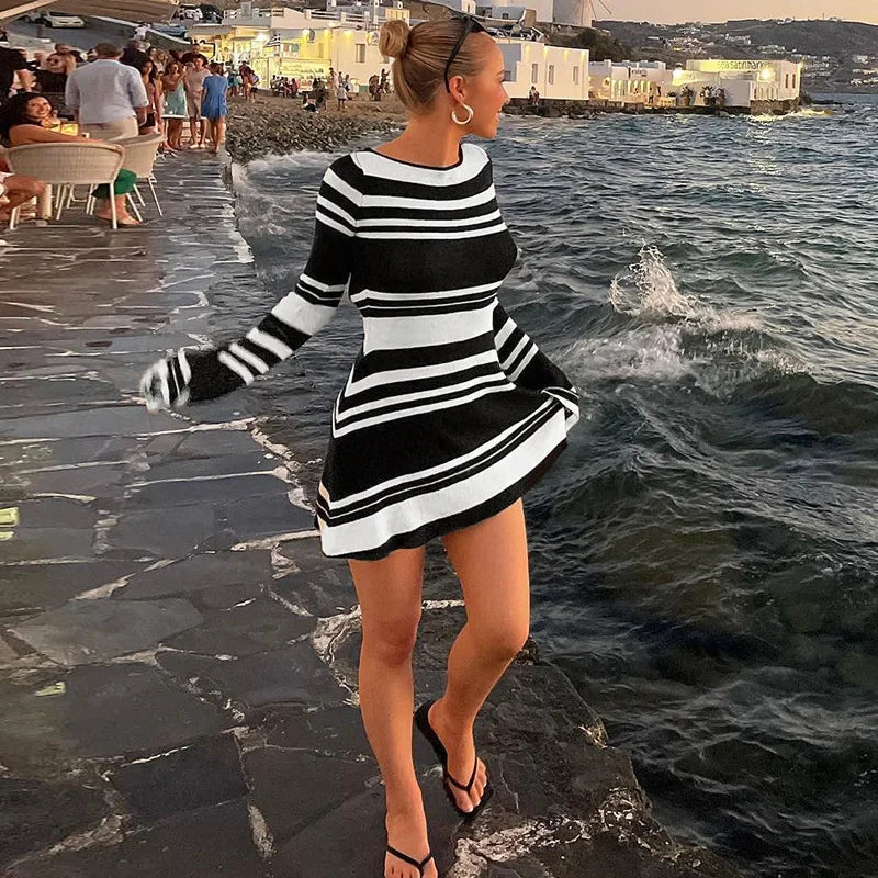 Striped Backless Flare Sleeve Mini Dress