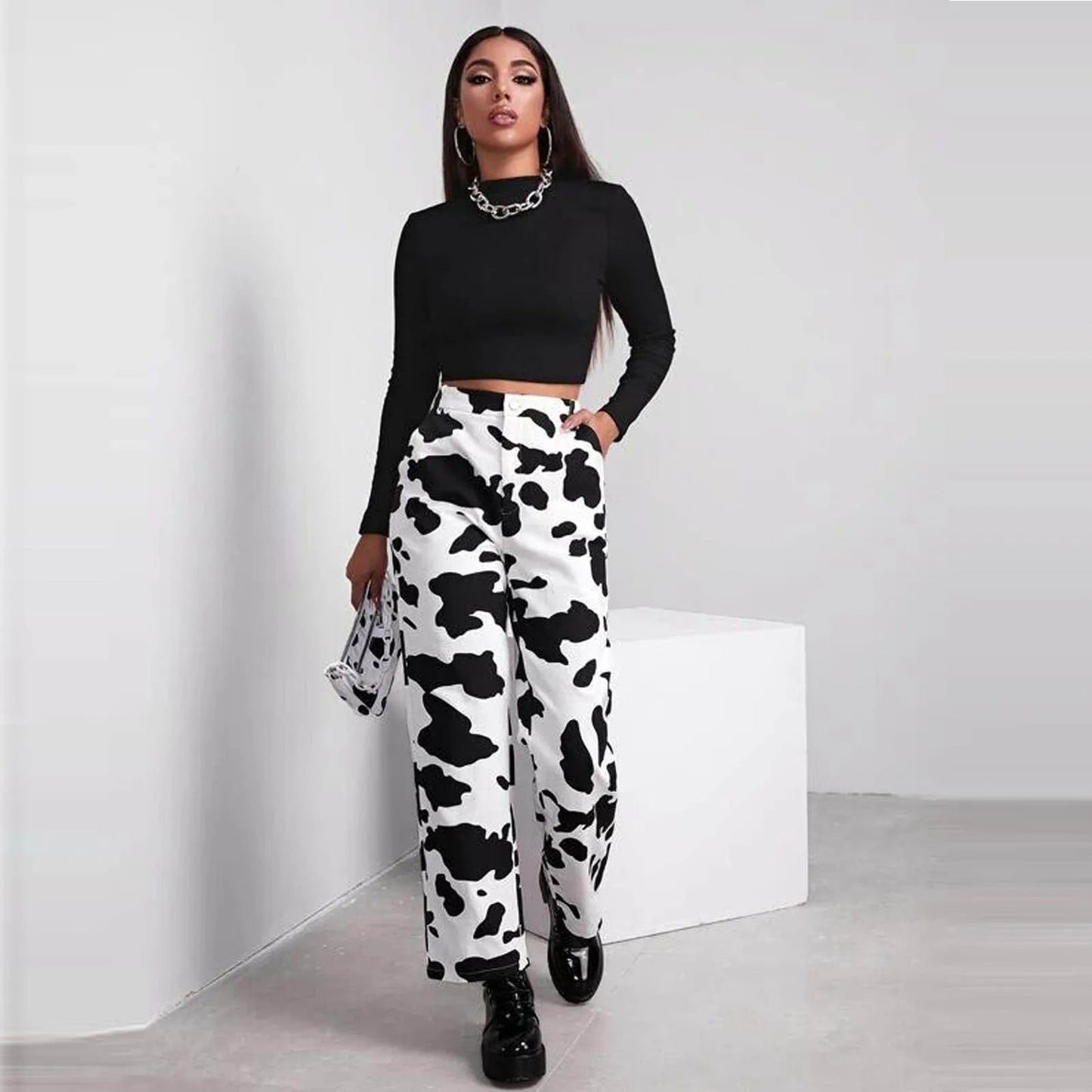 Wide Leg Waist White Cow Print Jeans