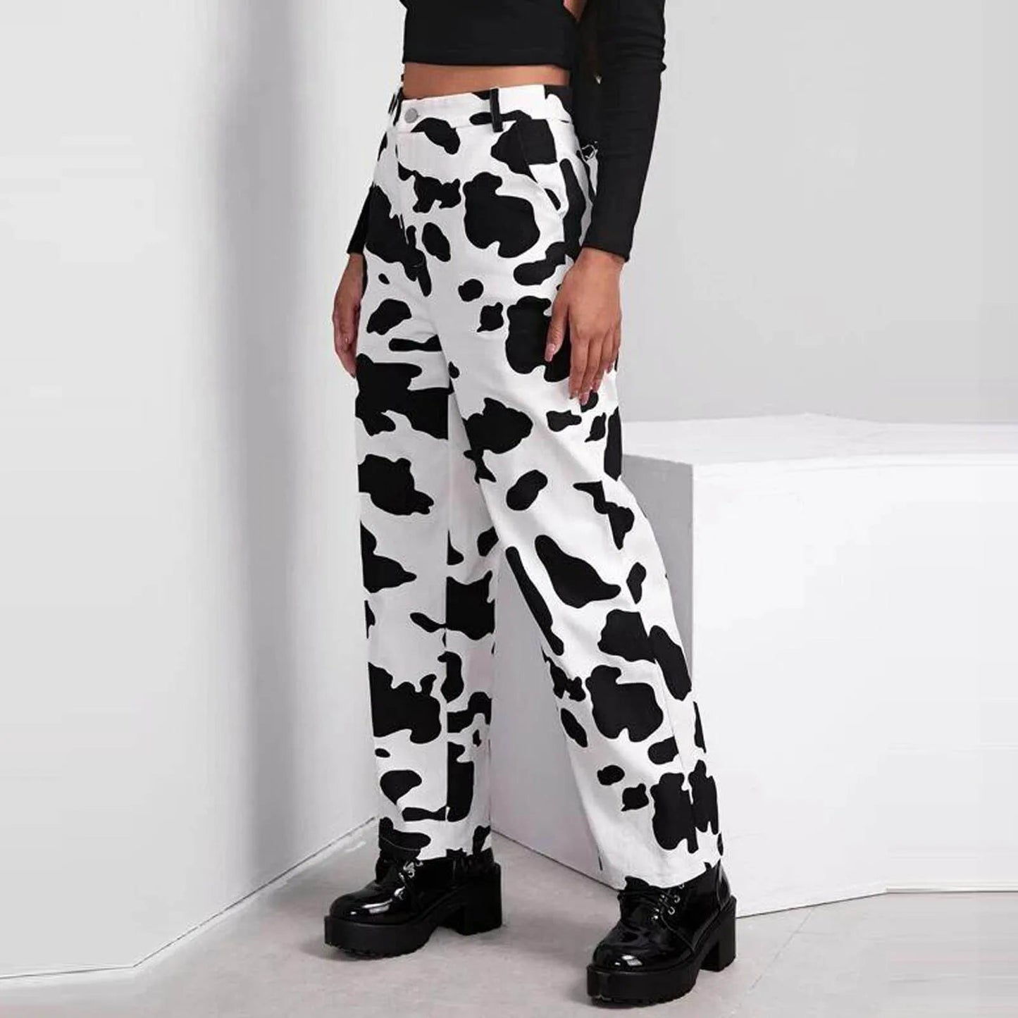 Wide Leg Waist White Cow Print Jeans