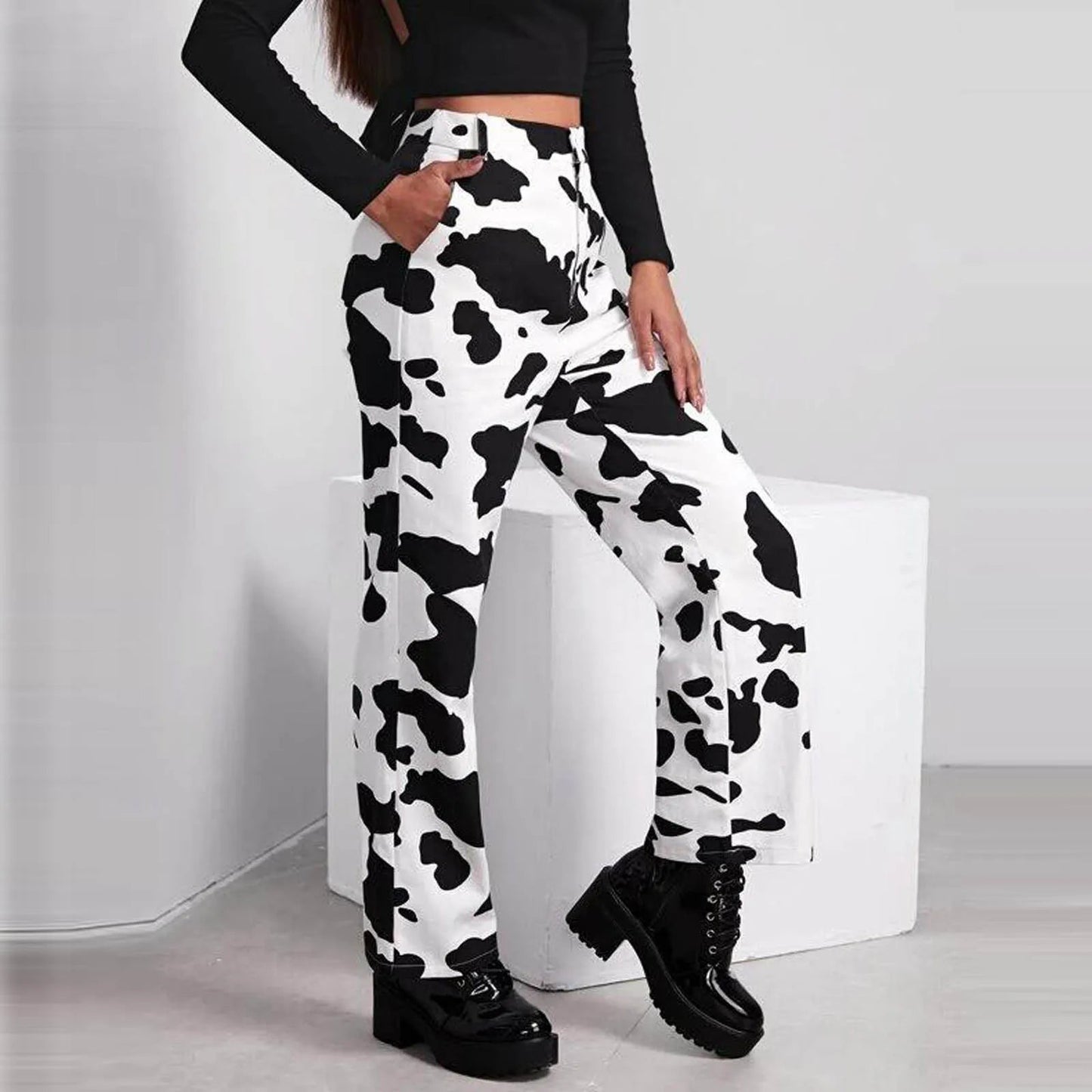 Wide Leg Waist White Cow Print Jeans