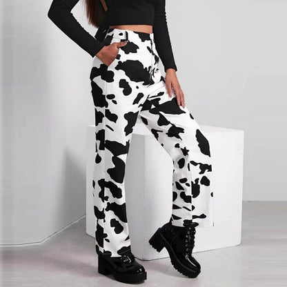 Wide Leg Waist White Cow Print Jeans