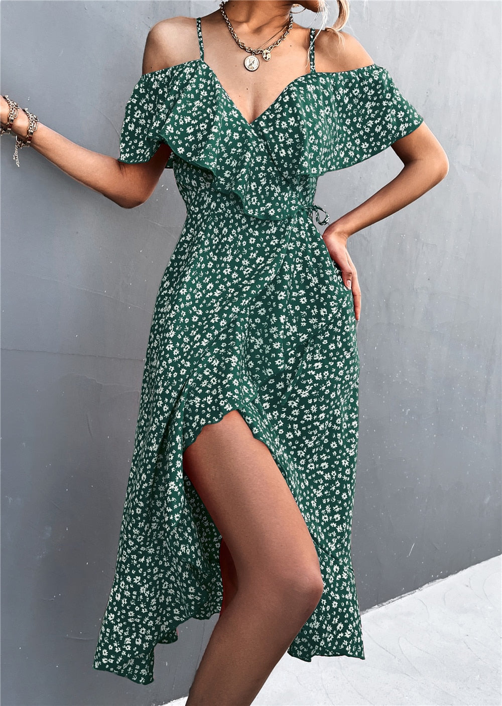 Rita Floral Backless Ruffle Slit Midi Dress