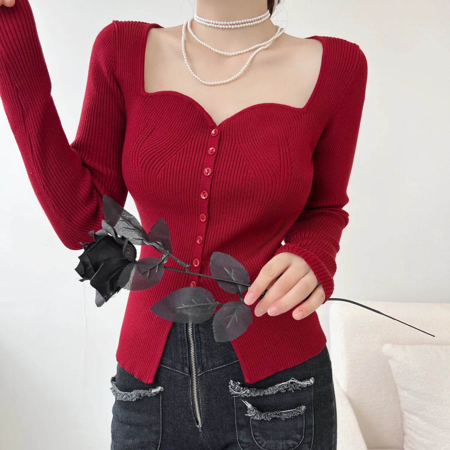 Vintage Long Sleeve Square Collar Slim Fashion Red Christmas Sweater