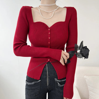 Vintage Long Sleeve Square Collar Slim Fashion Red Christmas Sweater