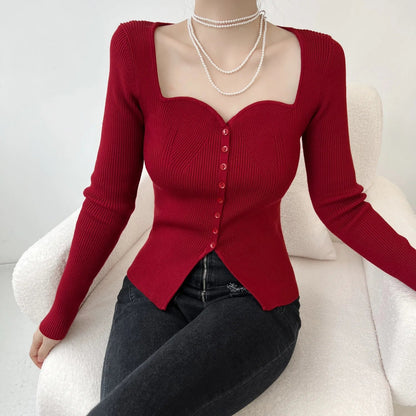 Vintage Long Sleeve Square Collar Slim Fashion Red Christmas Sweater