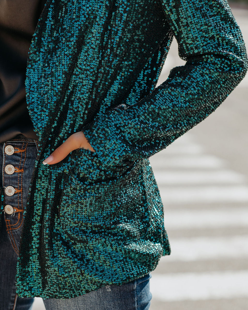 Teal Festive Flair Sequin Blazer with Pockets