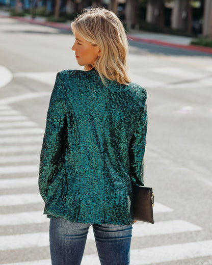 Teal Festive Flair Sequin Blazer with Pockets