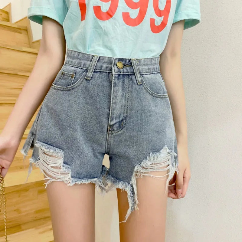 New Summer Casual Female Loose Fit High Waist Button Blue Denim Jean