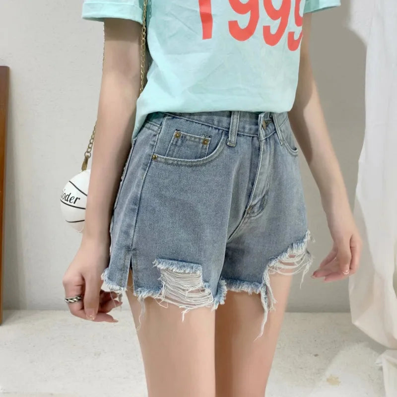 New Summer Casual Female Loose Fit High Waist Button Blue Denim Jean