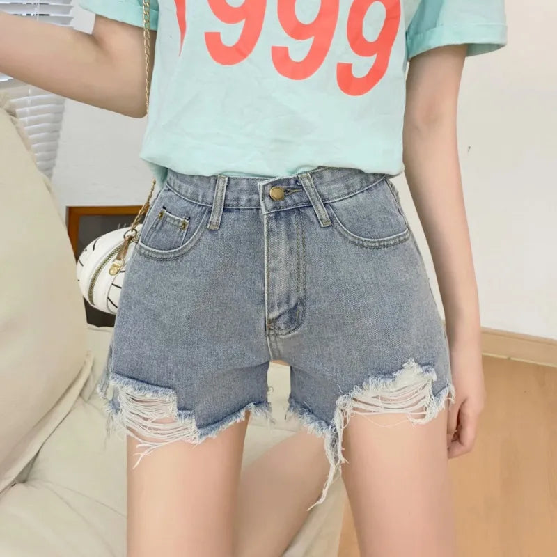 New Summer Casual Female Loose Fit High Waist Button Blue Denim Jean