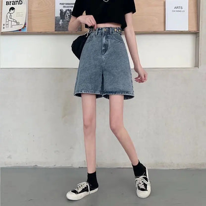 Streetwear Summer Half High-Waisted Belted Loose Female Short Fashion Jean