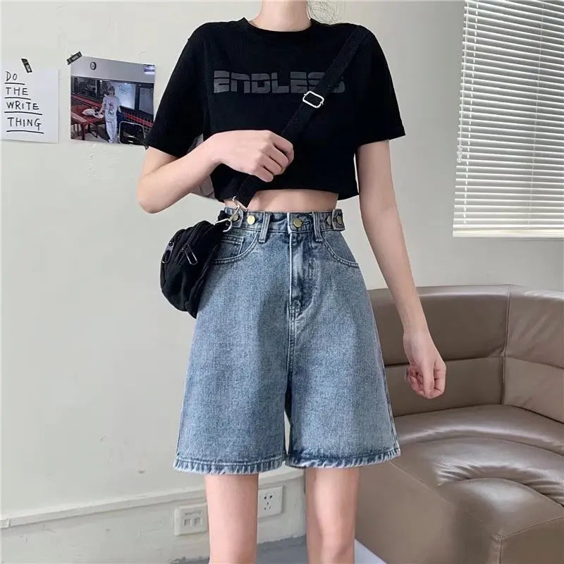 Streetwear Summer Half High-Waisted Belted Loose Female Short Fashion Jean