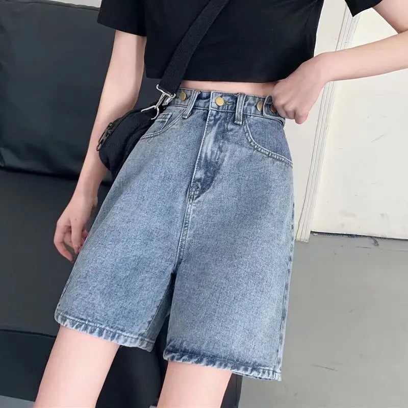 Streetwear Summer Half High-Waisted Belted Loose Female Short Fashion Jean