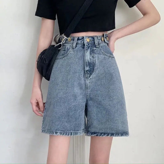 Streetwear Summer Half High-Waisted Belted Loose Female Short Fashion Jean