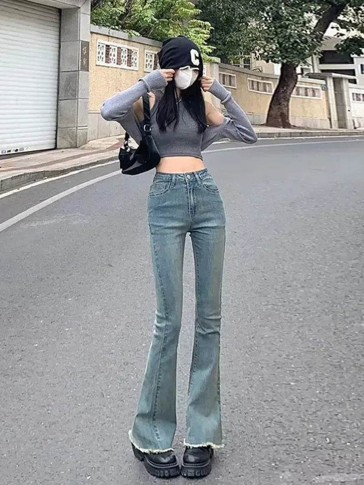 Blue Vintage Quality Fashion Straight High-Waisted Denim Casual Floor Length Jean