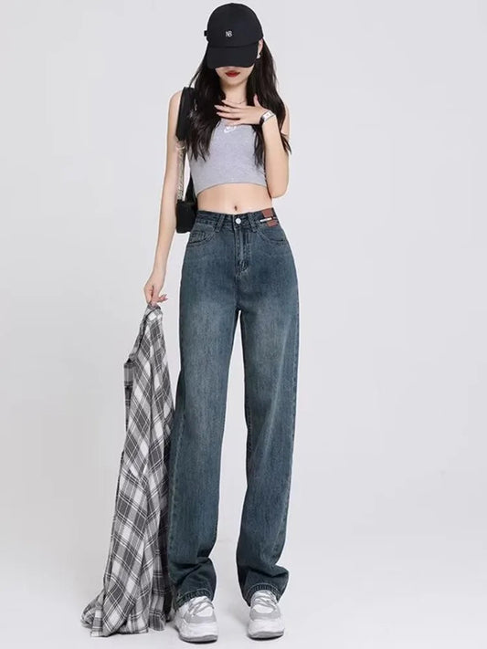 Spring and Autumn New Korean Version High-Waisted Slimming Retro Straight Jean