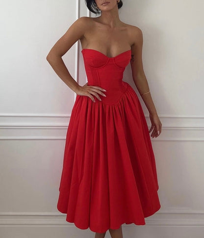 Red Bustier Pleated Charming Flare Midi Dress