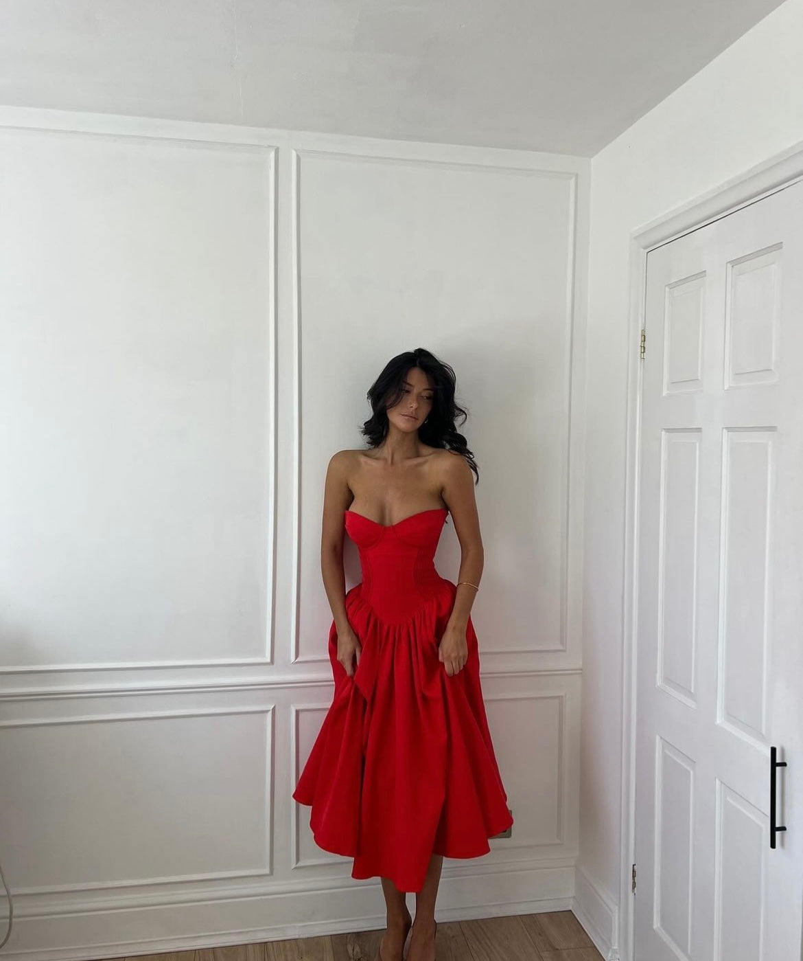 Red Bustier Pleated Charming Flare Midi Dress