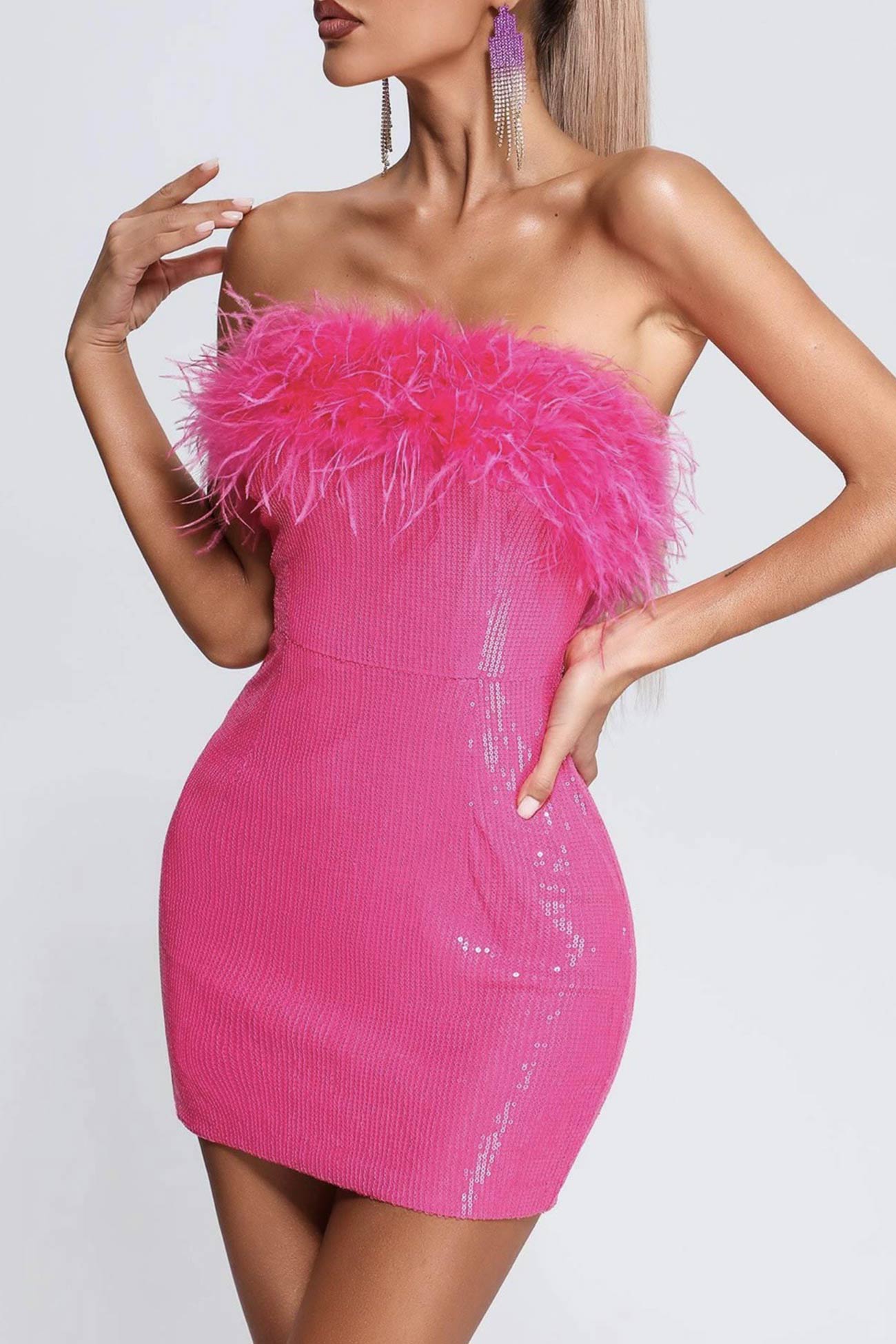 Sequins Pack Hip Dress with Fuzzy Strapless Design