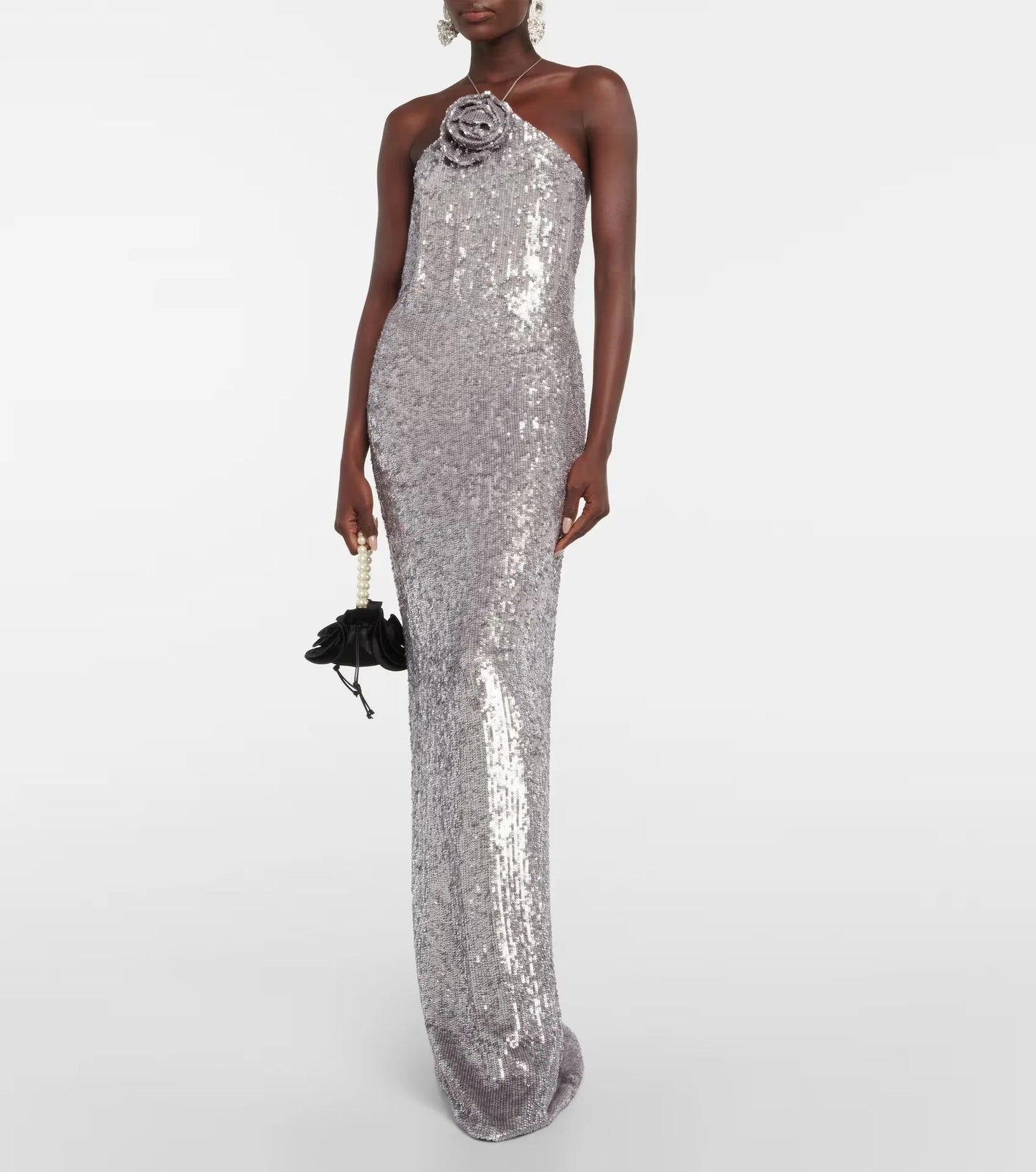 Silver Sequin Backless Evening Party Dress