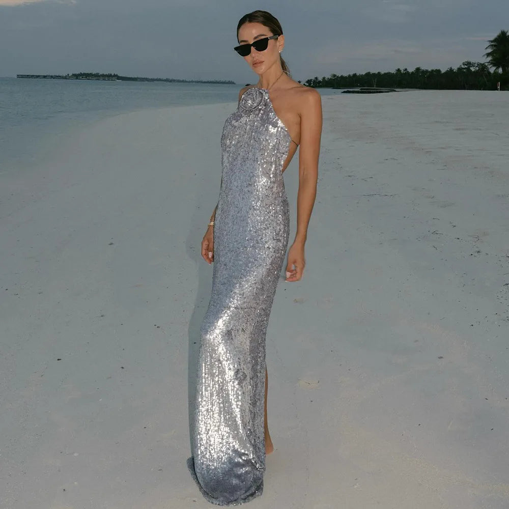 Silver Sequin Backless Evening Party Dress