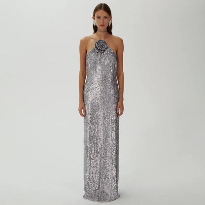 Silver Sequin Backless Evening Party Dress