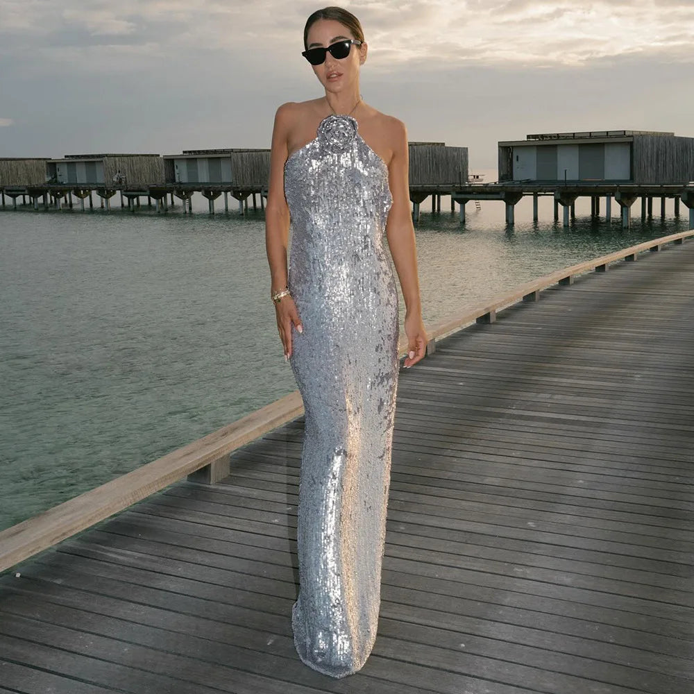 Silver Sequin Backless Evening Party Dress