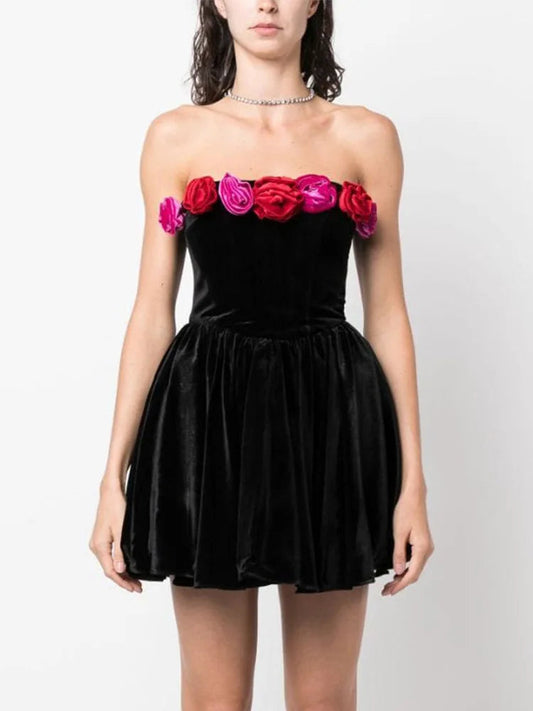 Red Strapless 3D Flower Mini Party Dress