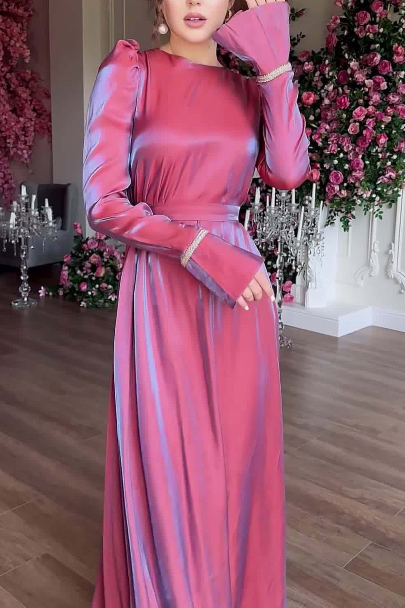 Sparkling Satin Puff Sleeve Midi Dress with Glitter Finish