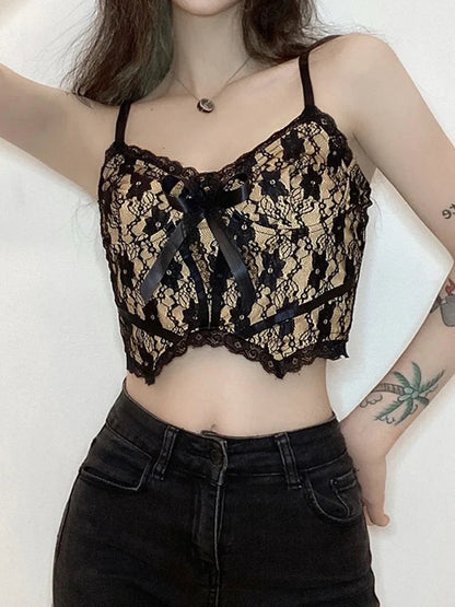 Aesthetic Lace Dark Academia E Girl Double Layer V Neck Sexy Crop Top