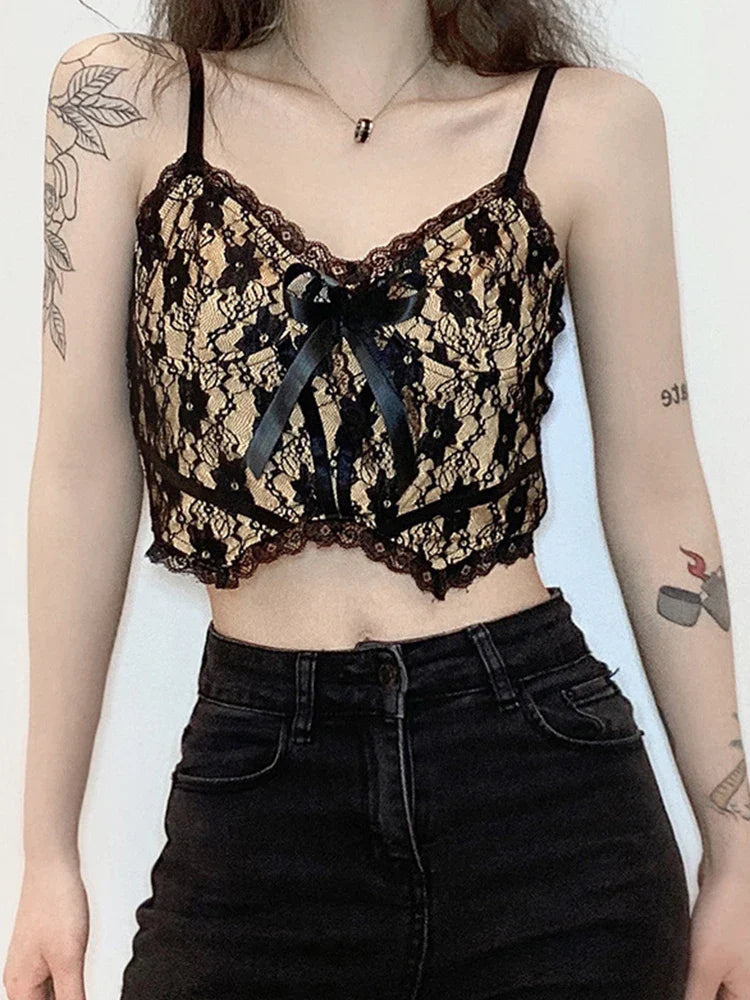 Aesthetic Lace Dark Academia E Girl Double Layer V Neck Sexy Crop Top