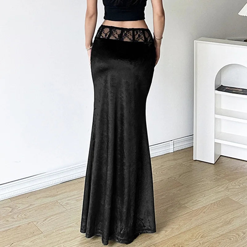 Goth Dark Elegant Mall Gothic Velvet Trumpet Y2k Partywear Lace Patchwork Sexy Long Skirt