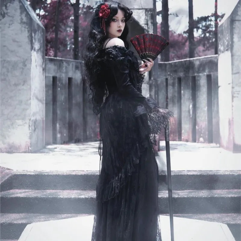 Women Style Dark Gothic Mid-Length Black Dress