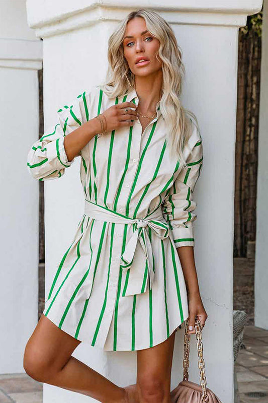 Striped Print Lace-up Shirt Dress - Green