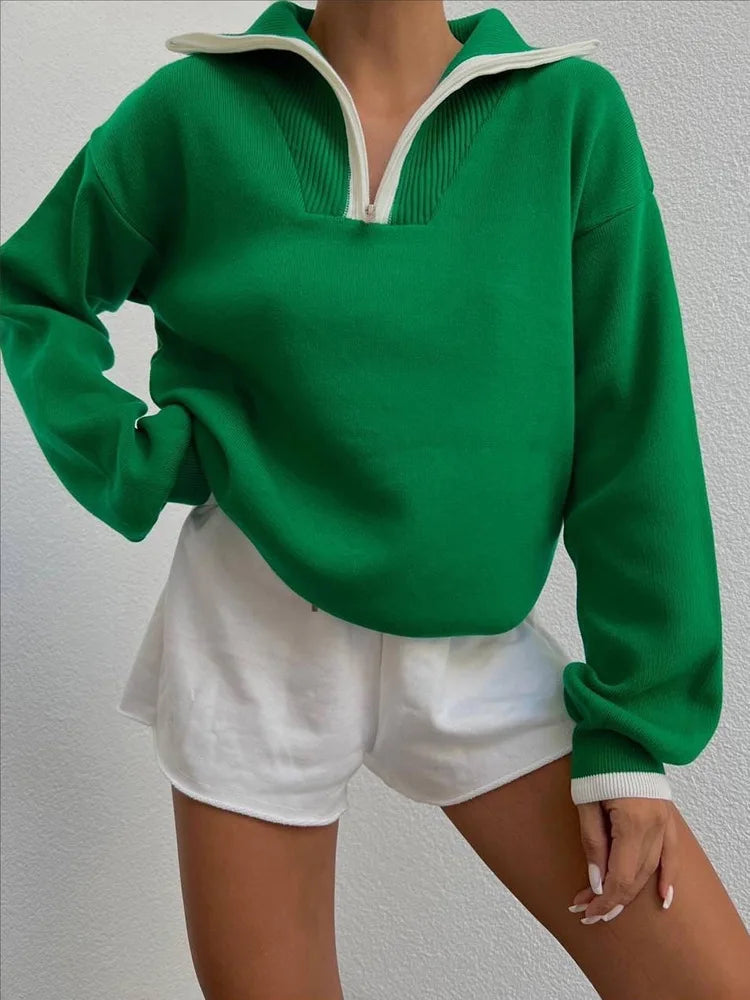 Thick Green TurtleNeck Polo Zipper Casual Loose Streetwear Christmas Sweater