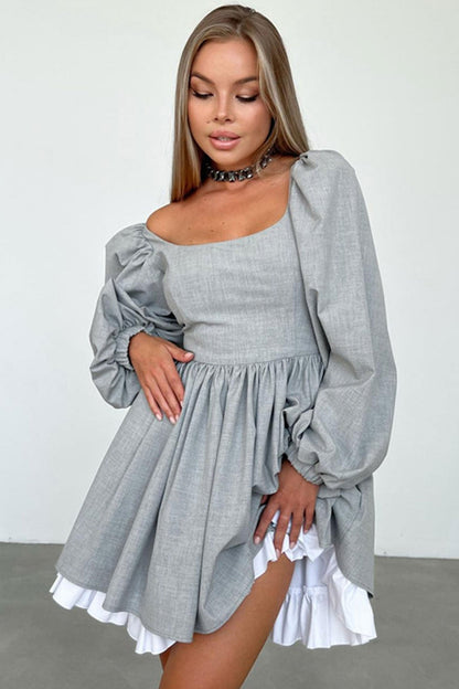 High Waist A-Line Babydoll Dress in Grey