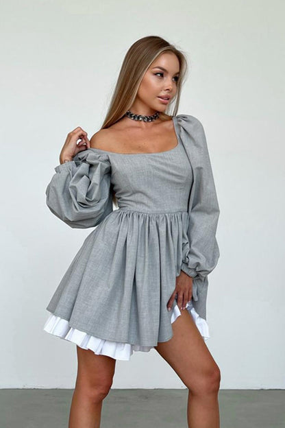 High Waist A-Line Babydoll Dress in Grey