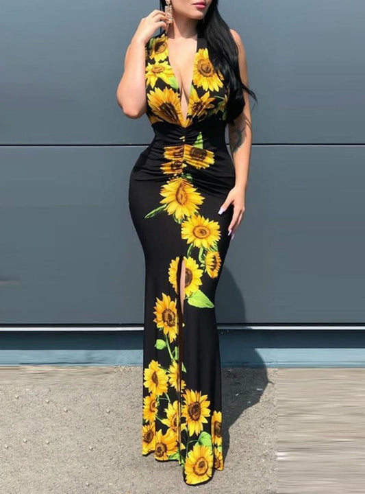 Slit Sunflower Gown Full-Length in Plunge Design Black