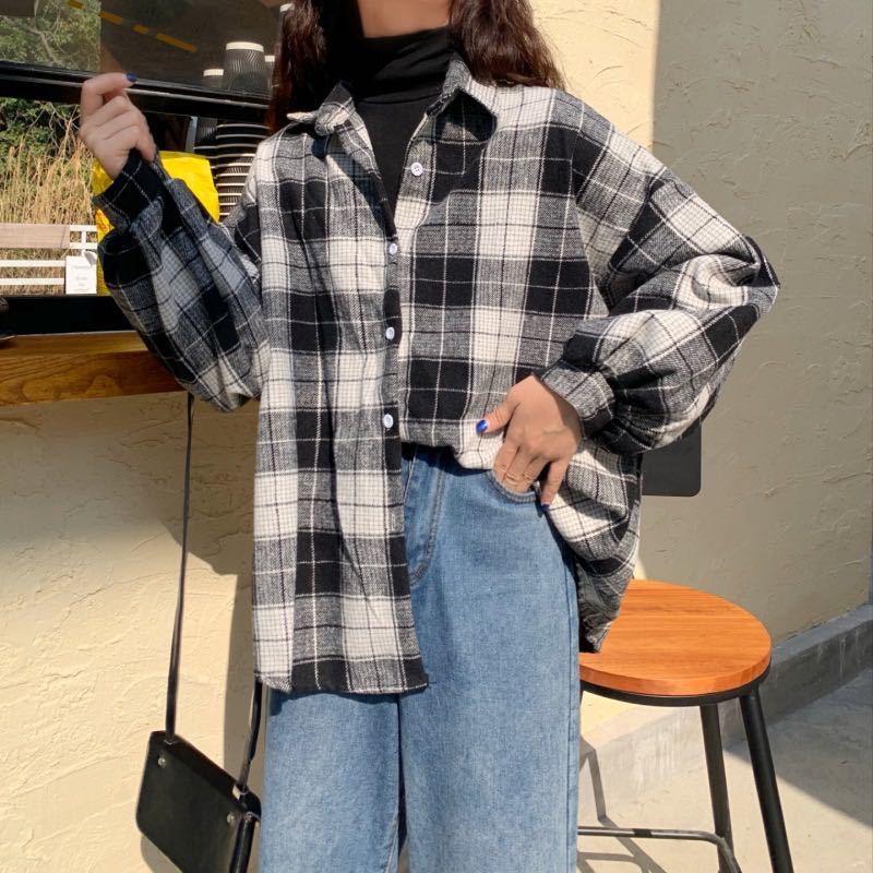 Turn-down Style Spring - Women's Plaid Outwear Loose 4 Neckline Blouse Harajuku with Fit Batwing-sleeve - - Colors