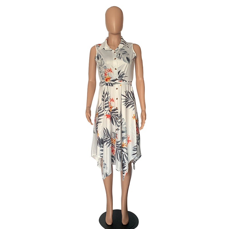 Tropical Print Sleeveless Shirt Dress with Turn Down Collar