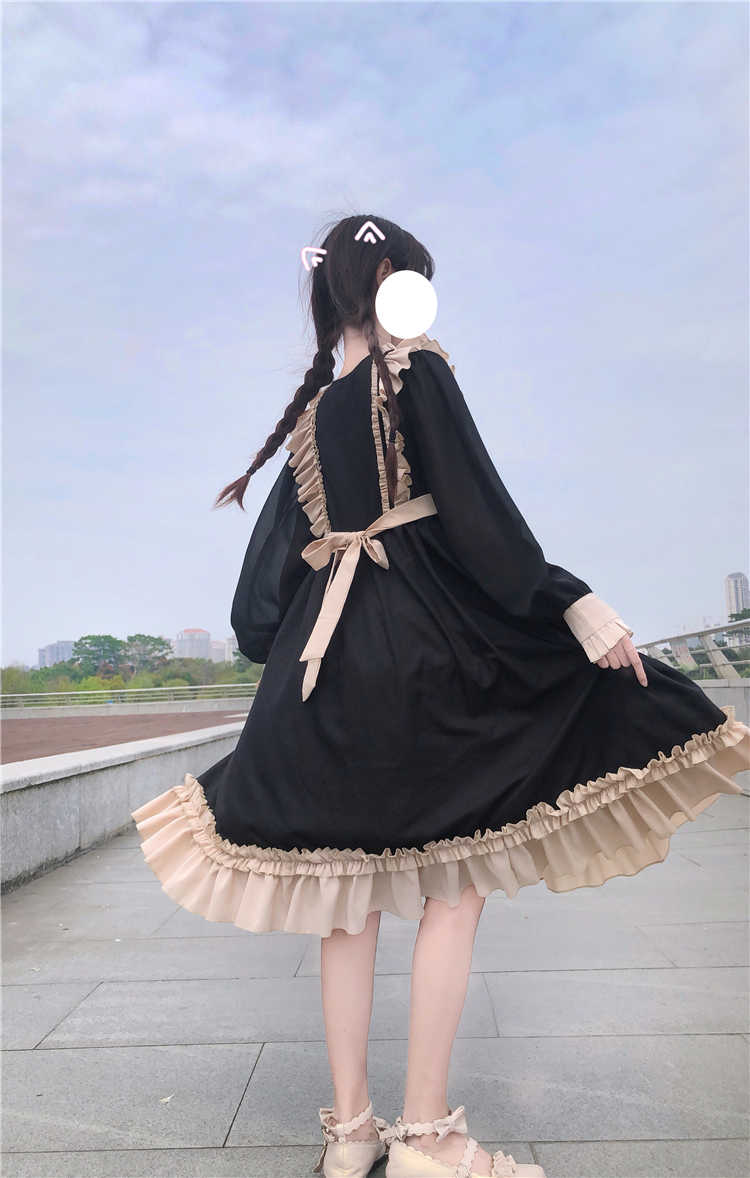 Sweet Ruffles Harajuku Lolita Gown Women Kawaii Gothic Cosplay Splice Party Bandage Bow Dress