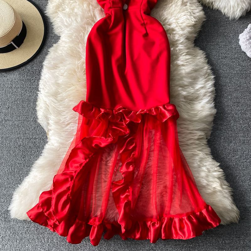 Women Sexy Female Dresses Patchwork Bodycon Strapless Gown Red Mesh Party Dinner Slim Strap Warm-Season Long Spaghetti Dress