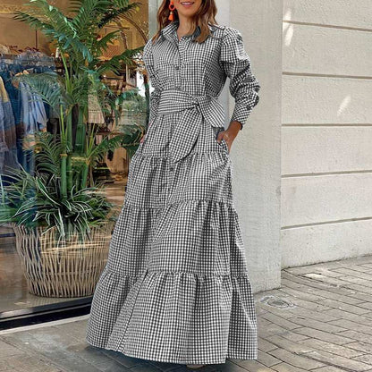 Sundress Plaid Blouse Women Vintage Spring Casual Pockets Patterned Belted Lapel Party Gown Button Dresses Arm Long Robes