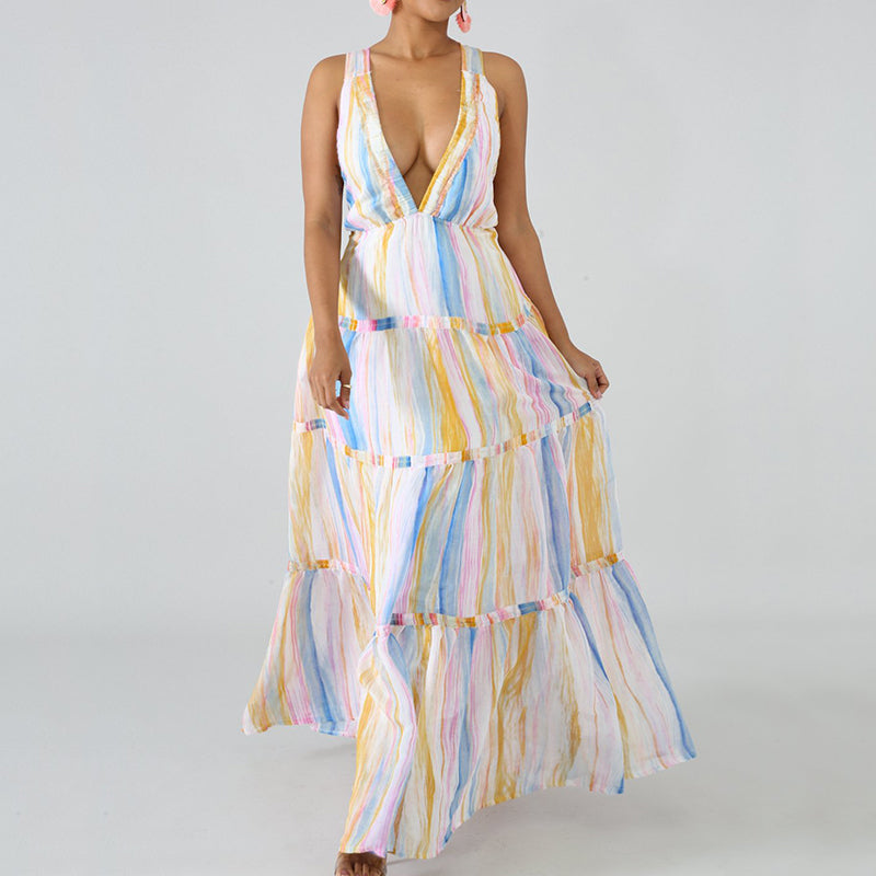 Striped Print Hollow Out Criss Cross Sweet Dress